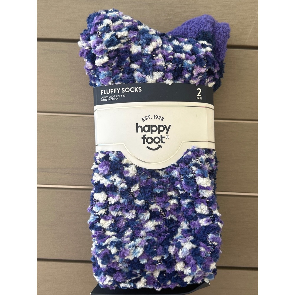 Happy Foot Fluffy Socks Ladies Shoe Size 4-10 Purple White Blue 2 Pair Cozy